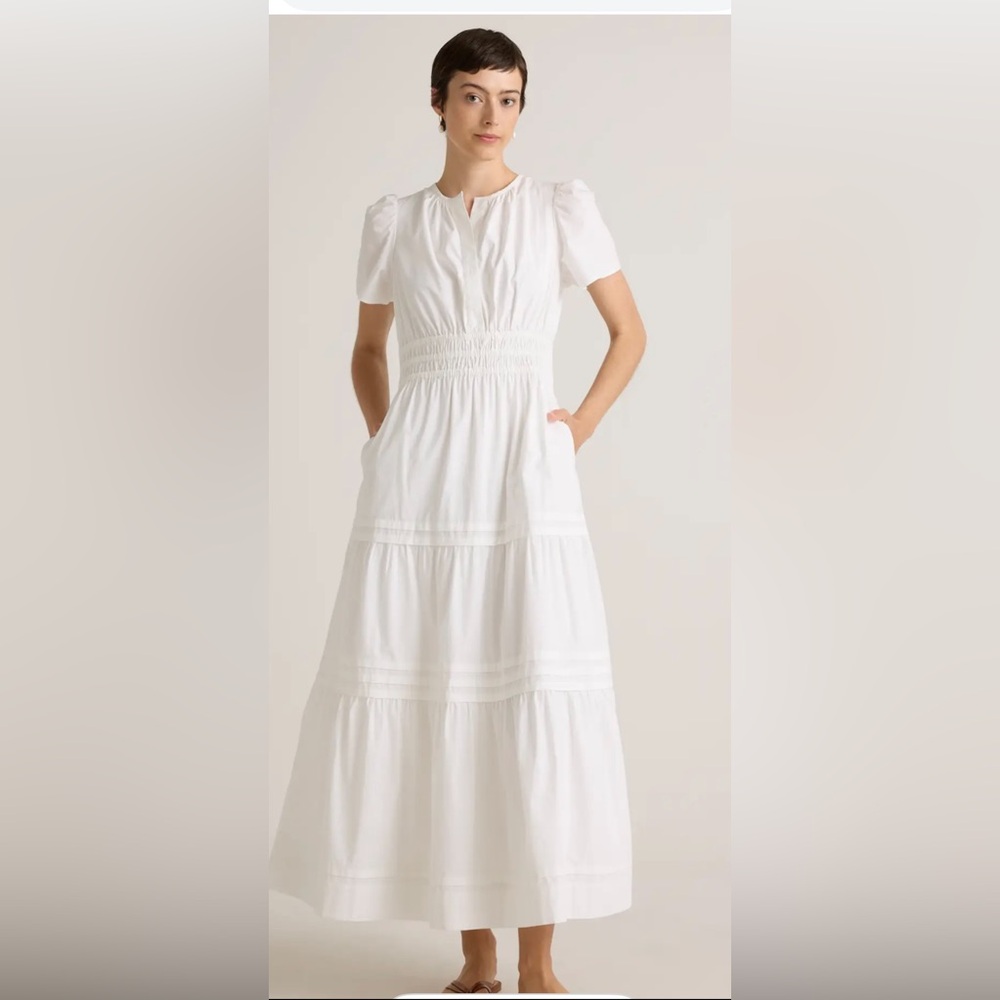 Quince White Tiered Smocked Maxi Dress with Puff Sleeves